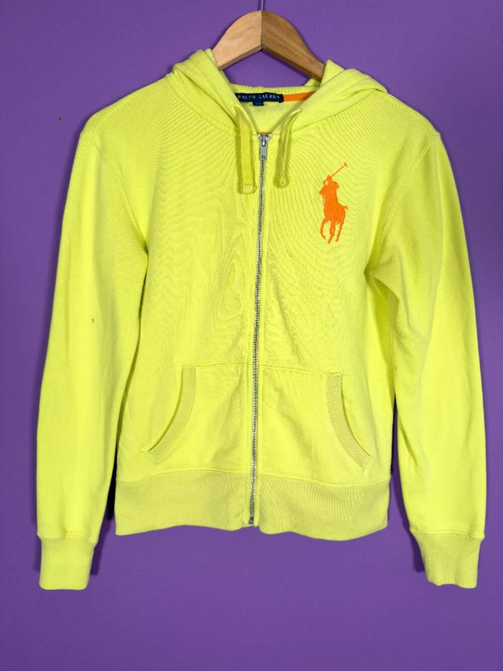 Ralph Lauren Neon Yellow Full Zip Hoodie Sweatshirt Orange Big Pony Size Small
